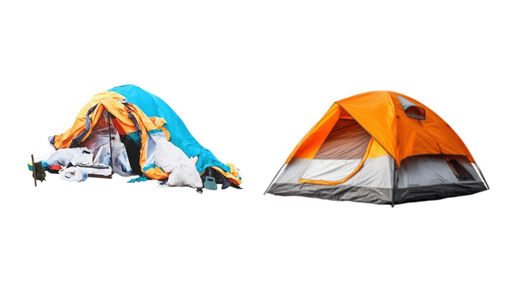 A collapsed tent beside a standing tent held up by tension